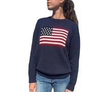 Damen-Pullover mit amerikanischer Flagge, langärmelig, Rundhalsausschnitt, lockere Passform, Strickpullover, Tops, USA, lässig, lockerer Pullover, 2# Marineblau, Groß