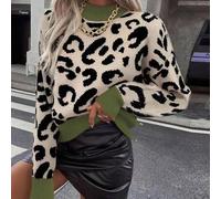 Damen-Pullover mit Leopardenmuster, Rundhalsausschnitt, lässig, langärmelig
