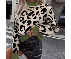 Damen-Pullover mit Leopardenmuster, Rundhalsausschnitt, lässig, langärmelig
