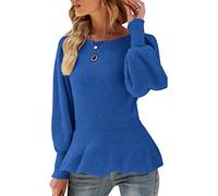 Damen-Pullover mit Puffärmeln, Schößchen, lässig, schmale Passform, Strickpullover, Blau, X-Groß