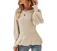 Damen-Pullover mit Puffärmeln, Schößchen, lässig, schmale Passform, Strickpullover, Khaki, Mittel