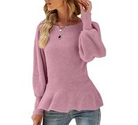 Damen-Pullover mit Puffärmeln, Schößchen, lässig, schmale Passform, Strickpullover, Pink, Klein