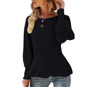 Damen-Pullover mit Puffärmeln, Schößchen, lässig, schmale Passform, Strickpullover, Schwarz, Groß