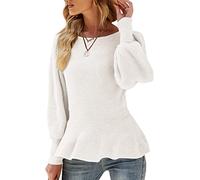 Damen-Pullover mit Puffärmeln, Schößchen, lässig, schmale Passform, Strickpullover, Weiss/opulenter Garten, Mittel