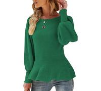 Damen-Pullover mit Puffärmeln und Schößchen, lässig, schmale Passform, Strickpullover, grün, XL