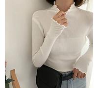 Damen-Pullover Mit Rüschen, Gestrickter Rollkragenpullover Für Herbst Und Winter, Einfarbig, Schmale Passform, Warmes Oberteil, Elastisch, Weich, Elegant, Lässig, Straßenpullover, Weiß, Einhei