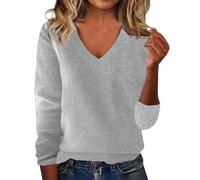 Damen-Pullover mit V-Ausschnitt, Übergröße, lockerer Komfort, langärmelig, Tops für Damen, modisch, schmal, dünn, Wollpullover für Damen, einfarbig, weicher Strickpullover, grau, M