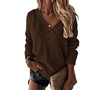 Damen Pullover V-Ausschnitt Langarm Pullover Strick Solid Lose Mode Casual Pullover, dunkelbraun, M