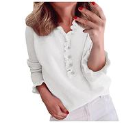 Damen Pullover Winter,Einfarbig Strickpullover mit Knop Rüschen Damen Pullover Winter,Langarm Rundhals Lässiges Strickpulli ElegantWinter Stricken Pulli Oberteil Langarmshirt Für Frauen