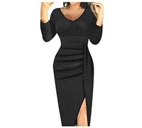 Damen Pullover Winter Strickrock Damen Pailletten Kleid Damen&I3 Sexy Pailletten Split V-Ausschnitt Midi Kleid Hohe Taille Enge Ballkleid Elegant Langarm Leinenkleider Schwarz M