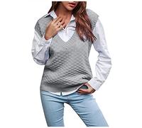 Damen Pullunder Ärmellos Strick Pullover V-Ausschnitt Weste Preppy Style Strickweste Herbst Winter Klassisch Pulli Sweater Einfarbig Strickpullover Elegant Top Kanpola
