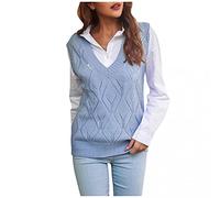 Damen Pullunder Ärmellos Strick Pullover V-Ausschnitt Weste Preppy Style Strickweste Herbst Winter Klassisch Pulli Sweater Einfarbig Strickpullover Elegant Top Kanpola