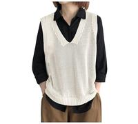 Damen Pullunder Oversize V-Ausschnitt Stricken Weste Strickpullover Ärmellos Lang Strickweste Freizeit Sweater Vest Casual Einfarbig für Frauen Strickpulli Casual Winterpullover (Beige, One Size)