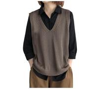 Damen Pullunder Oversize V-Ausschnitt Stricken Weste Strickpullover Ärmellos Lang Strickweste Freizeit Sweater Vest Casual Einfarbig für Frauen Strickpulli Casual Winterpullover (Khaki, One Size)