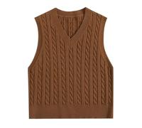 Damen Pullunder V-Ausschnitt Strickpullunder Zopfmuster Strickweste Herbst Winter Ärmellos Strickpullover Casual Strick Tank Top Zopfstrick Pullunder Einfarbig Sweater Pullover Weste (Brown, M)