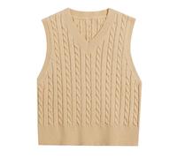 Damen Pullunder V-Ausschnitt Strickpullunder Zopfmuster Strickweste Herbst Winter Ärmellos Strickpullover Casual Strick Tank Top Zopfstrick Pullunder Einfarbig Sweater Pullover Weste (Khaki, M)