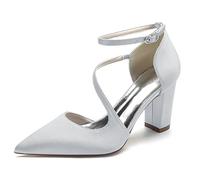 Damen Pumps Mit Blockabsatz Riemchenpumps Elegant Spitze Zehen Brautschuhe Für Hochzeiten Und Partys,Silber,37 EU