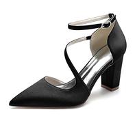 Damen Pumps Mit Blockabsatz Riemchenpumps Elegant Spitze Zehen Brautschuhe Für Hochzeiten Und Partys,Schwarz,38 EU