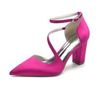 Damen Pumps Mit Blockabsatz Riemchenpumps Elegant Spitze Zehen Brautschuhe Für Hochzeiten Und Partys,Fuchsia,36 EU