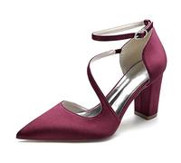 Damen Pumps Mit Blockabsatz Riemchenpumps Elegant Spitze Zehen Brautschuhe Für Hochzeiten Und Partys,Burgundy,38 EU
