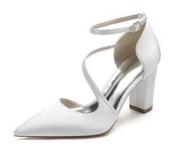 Damen Pumps Mit Blockabsatz Riemchenpumps Elegant Spitze Zehen Brautschuhe Für Hochzeiten Und Partys,Weiß,38 EU