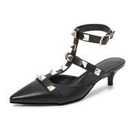 Damen-Pumps mit Kitten-Absatz, spitzer Zehenbereich, Slingback-Sandalen mit mittelhohem Absatz, mit Metallnieten besetzte T-Riemen, geschlossene Zehen-Pumps, Hochzeits- und Abendschuhe,Schwarz,34