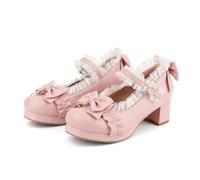 Damen-Pumps mit mittelhohem Blockabsatz Mary Jane Schleife Kawaii Rockabilly Plateau-Pumps, Pink, 39.5 EU