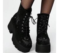Damen Punk Stil Plateau Schnürstiefeletten, Gothic Vintage Stickerei Muster Keilabsatz Seitlicher Reißverschluss Knöchel Stiefel für Party und Kampf