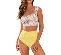 Damen Push Up Bikini Set Zweiteilig Badeanzug Bauchweg mit Rüschen-Trägern Geraffte Bustier-Top Vintage mit High Waist Weiß Blumenmuster Bikinihose Retro 50er Jahre Lässige Bademode Tankini Swimsuit