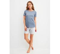 Shorty CALIDA "Striped Dreams", Damen, Gr. XS (36/38), aura blau, Interlock, Obermaterial: 100% Baumwolle, Basic kurz, Rundhals, Homewear-Sets Shorty, weich, Pure Cotton, Kurzarm, Rundhals, Interlock-