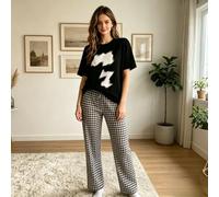 Damen-Pyjama-Set, 2-teilig, Cartoon-Motiv, kurzärmelig, Lounge-Set, lockere karierte Hose mit Taschen, dünne Übergröße, Loungewear