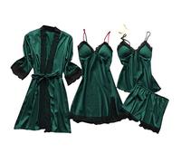 Damen Pyjama Set 4 Stück Set Satin Nachthemd Shorts Schlafanzug Spitze Nachtwäsche Sexy Seiden Nachtkleid Negligee Robe (Armeegrün, XXL)