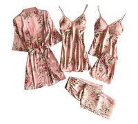 Damen Pyjama Set 4 Stück Set Satin Nachthemd Shorts Schlafanzug Spitze Nachtwäsche Sexy Seiden Nachtkleid Negligee Robe