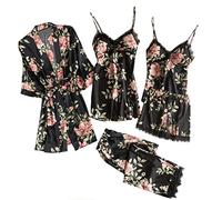 Damen Pyjama Set 4 Stück Set Satin Nachthemd Shorts Schlafanzug Spitze Nachtwäsche Sexy Seiden Nachtkleid Negligee Robe