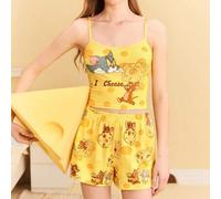 Damen Pyjama Set aus gelbem Trägertop und Shorts, buttergelb, grafisches Pyjama Set, Käse Muster, Cartoon Muster, Zuhause, Lässig, Sommer