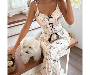Damen Pyjama-Set mit Cartoon Bär- und Herz-Muster, bestehend aus Trägertop und langer Hose