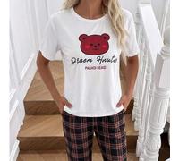 Damen-Pyjama-Set mit Karomuster, modisches, bequemes, lässiges Pyjama-Set mit Cartoon-Bären-Muster, Kurzarm und langer Hose