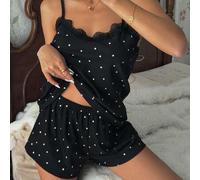 Damen Pyjama Set, Rippstrick Stoff, Herz Muster Kontrast Spitzenbesatz, romantisch süß niedlich sexy Camisole & Shorts Babydoll Pyjama Set Zwei Teile