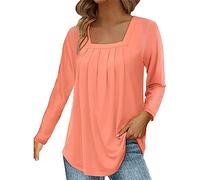 Damen Quadratischer Hals Oberteile Frühling Herbst Casual Hemd Langarm Lose Tops Einfarbig Lässige Langarm T-Shirt