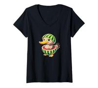 Damen Quirky Duck Wassermelone Sommerfrucht Design T-Shirt mit V-Ausschnitt