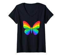 Damen Rainbow Color Butterfly Art T-Shirt mit V-Ausschnitt