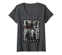 Damen Ramen Nudeln Katze Japan Y2K Kawaii Retro Katzen Manga Anime T-Shirt mit V-Ausschnitt, Anthrazit Meliert, L