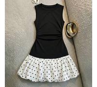 Damen Regular ärmelloses kurzes Kleid, Rundhalsausschnitt, tailliert, Tulpen-Saum, Polka-Dot, Slim-Fit-Top; modisch, sexy, elegant, geeignet für Dates