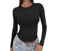 Damen Regular-Fit Langarm-T-Shirt Rundhalsausschnitt Damen U-Boot Ausschnitt T-Shirt Basic Langarm Eng Oberteile Slim Fit Y2K Tops O-Neck Top Noos Longsleeve T-Shirts