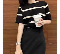 Damen Regular Länge lässig Farbblock gestreifter Kurzarm Strickpullover Schwarz