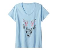 Damen Rehkitz Blumengeweih Boho Hirsch Tier Natur Ästhetisches Design T-Shirt mit V-Ausschnitt