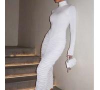 Damen Reinweiß Hochhals Langarm Seitlich gerafftes Slim Fit Midi Kleid, Bodycon Elastischer Bleistiftrock, schmeichelhafte Kurven Hochzeitsstil