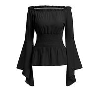 Damen Renaissance Bauernbluse Schulterfrei Tops Trompeten?rmel Gothic Lolita Boho Bluse Mittelalter Gesmokt Langarmshirt Pirat Steampunk R?schenbluse Wikinger Kleidung Kost?m Halloween Schwarz XL