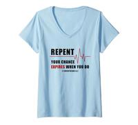 Damen Repent, Your Chance Expires When You Do Heartbeat EKG Faith T-Shirt mit V-Ausschnitt