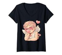 Damen Retro Amor Blowing Bubble Valentinstag Vintage Cute Angel T-Shirt mit V-Ausschnitt